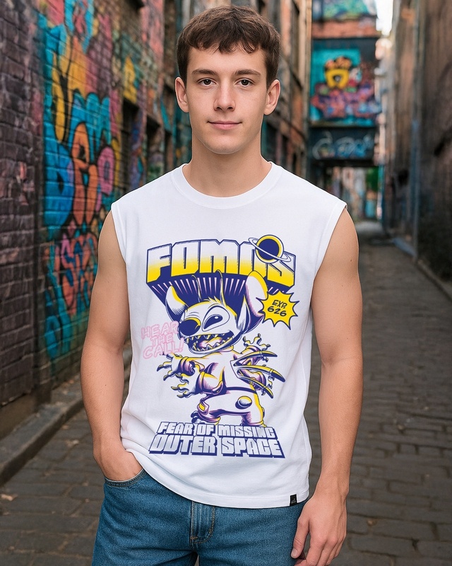 Shop Men's White Fomos Graphic Printed Oversized Vest-Front