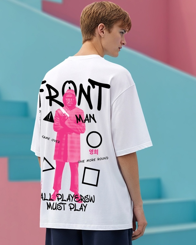 Shop Men's White Front Man Graphic Printed Oversized T-shirt-Front