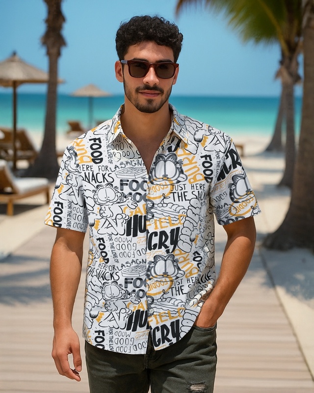 Shop Men's White Garfield All Over Printed Oversized Shirt-Front
