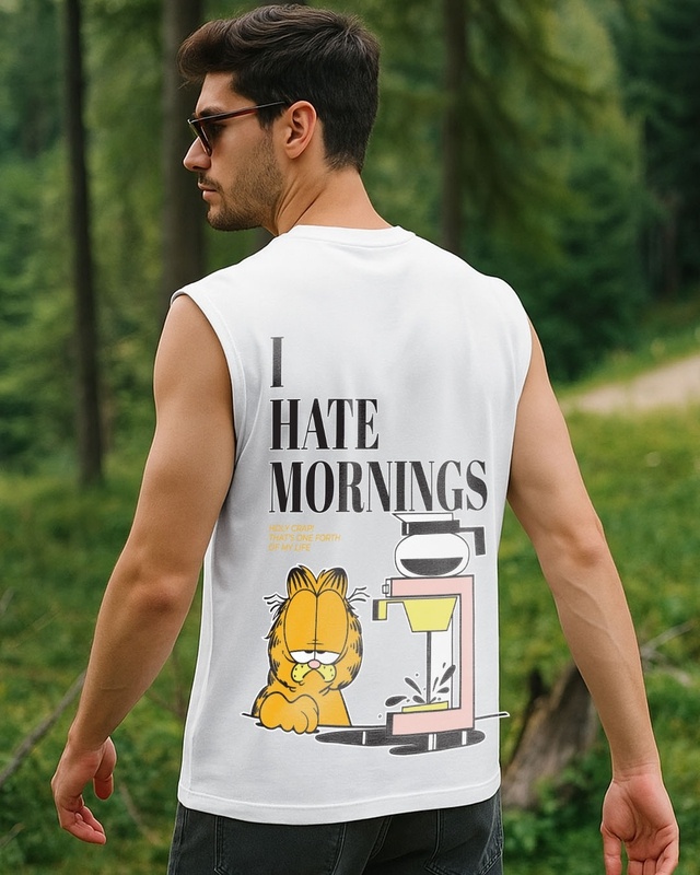 Shop Men's White Garfield Hates Mornings Graphic Printed Boxy Fit Vest-Front