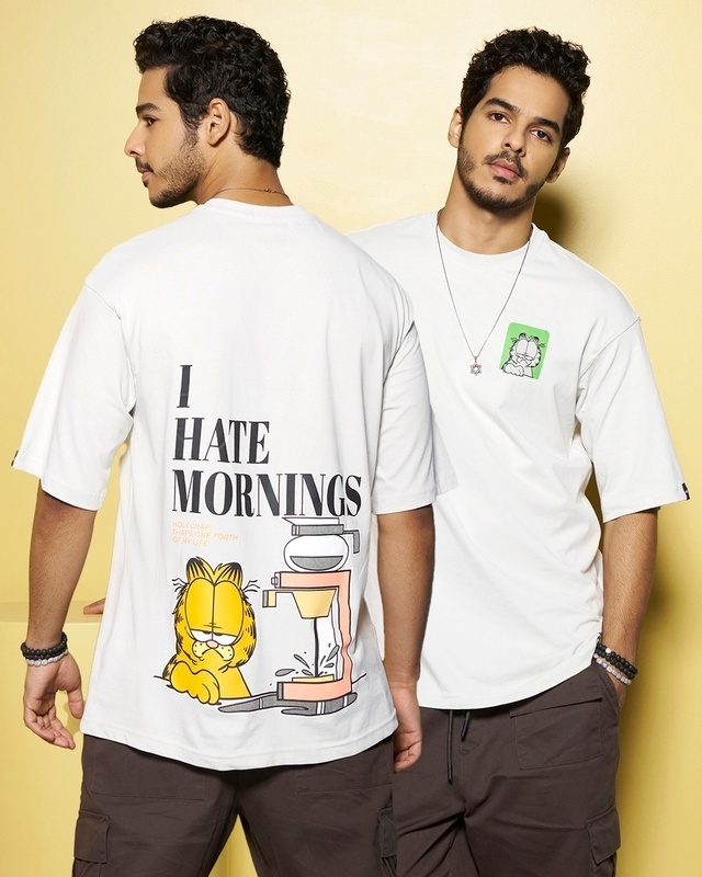 Shop Men's White Garfield Hates Mornings Graphic Printed Oversized T-shirt-Front