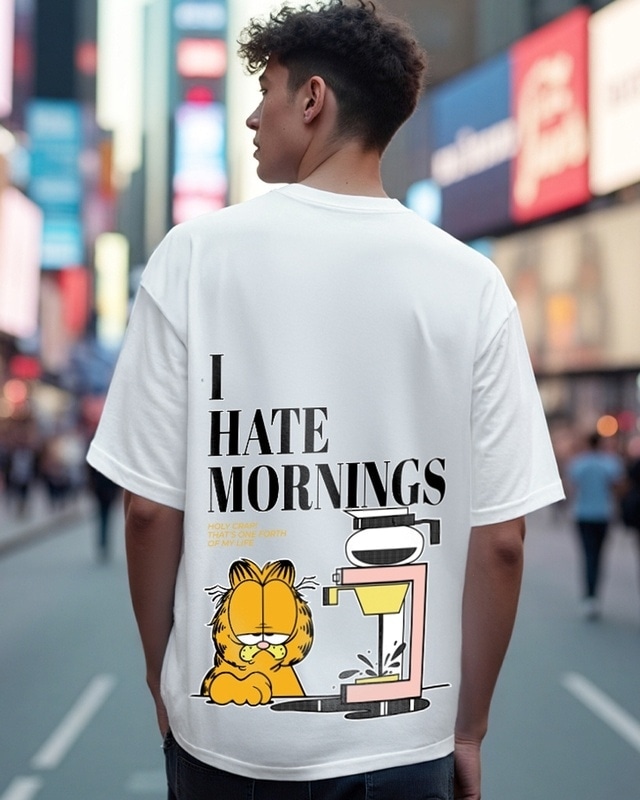 Shop Men's White Garfield Hates Mornings Graphic Printed Oversized T-shirt-Front