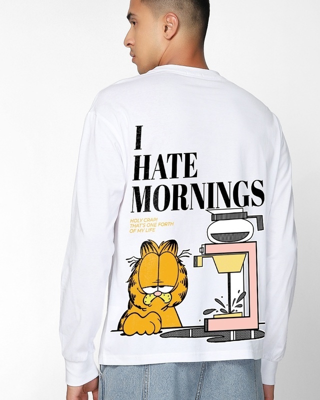 Shop Men's White Garfield Hates Mornings Graphic Printed Oversized T-shirt-Front