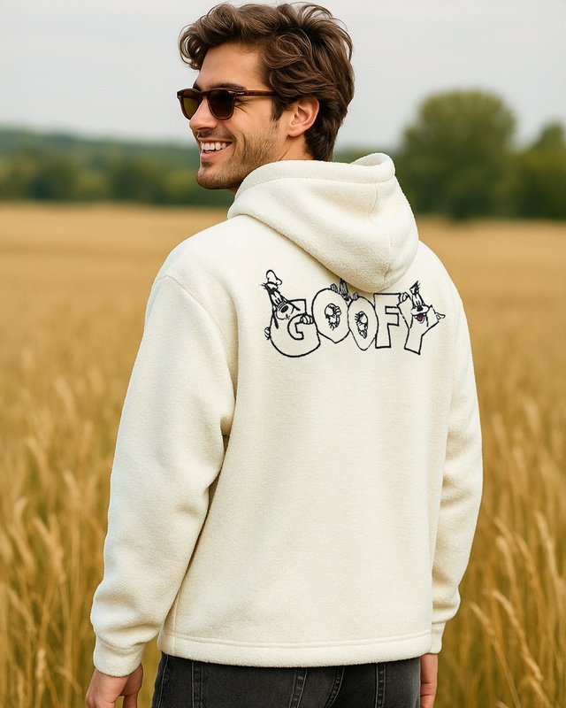 Men's White Goofy Graphic Printed Oversized Hoodies-Front Bewakoof Shop Men's White Goofy Graphic Printed Oversized Hoodies-Front