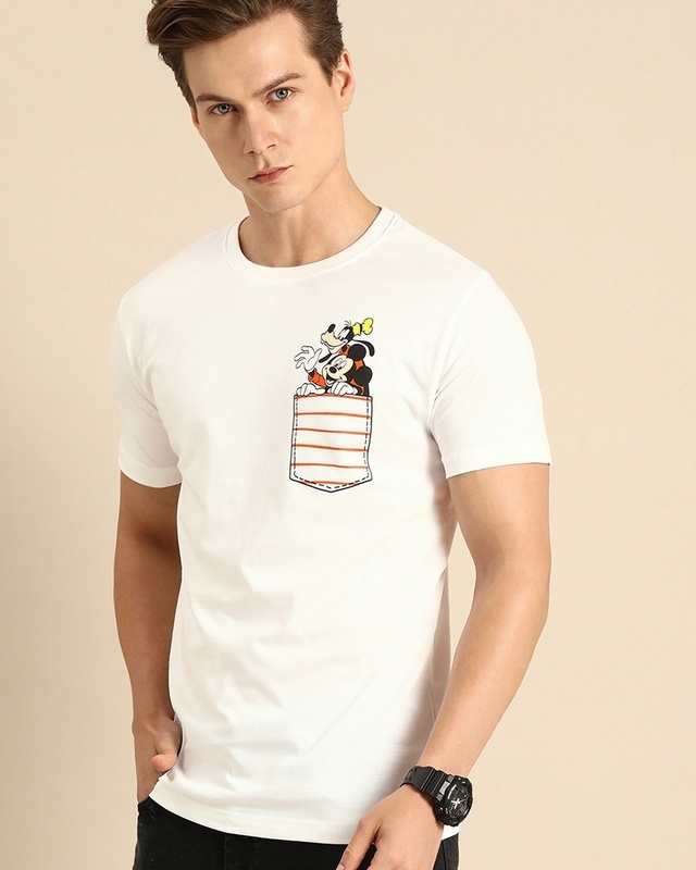 Men's White Goofy Mickey Graphic Printed T-shirt