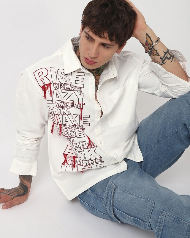 Men's White Typography Oversized Shirt