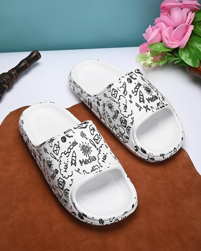 Men's White Graphic Printed Sliders