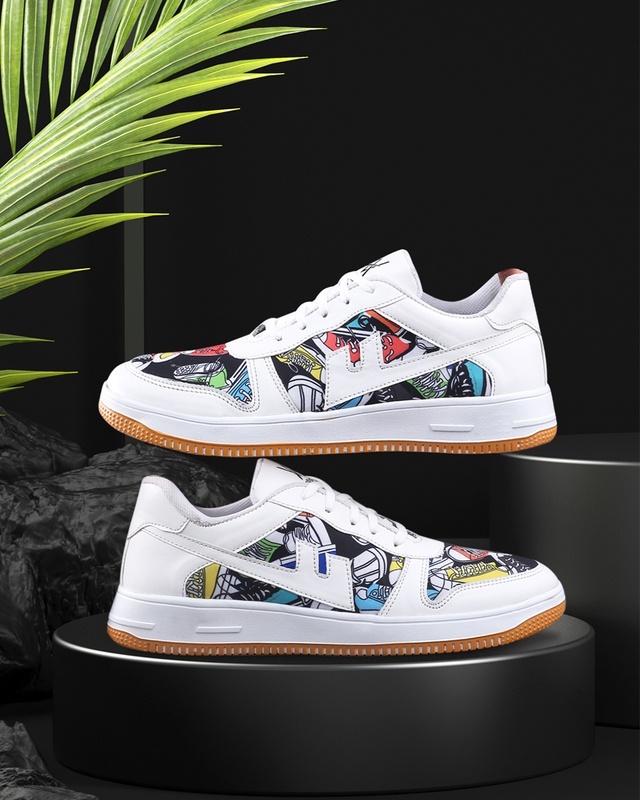 Shop Men's White Graphic Printed Sneakers-Front