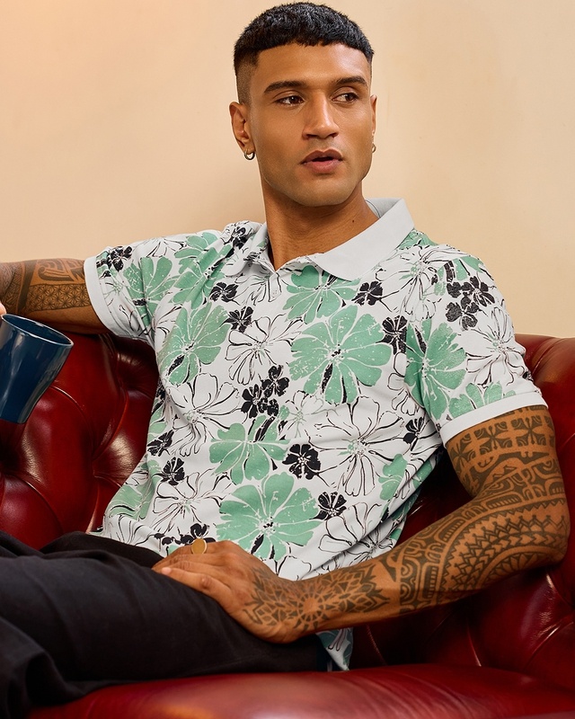 Shop Men's White & Green All Over Printed Polo T-shirt-Front