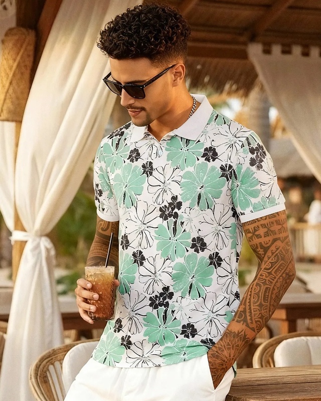Shop Men's White & Green All Over Printed Polo T-shirt-Front