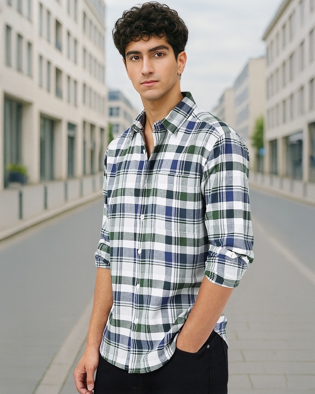 Shop Men's White & Green Checked Shirt-Front