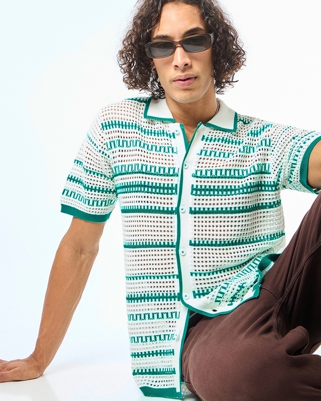 Shop Men's White & Green Striped Flatknit Shirt-Front