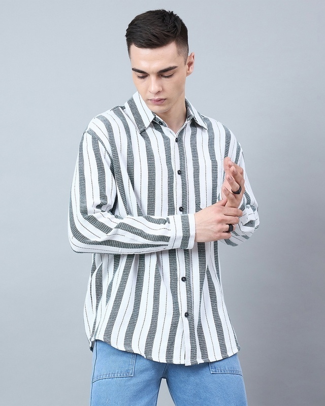 Shop Men's White & Green Striped Oversized Shirt-Front