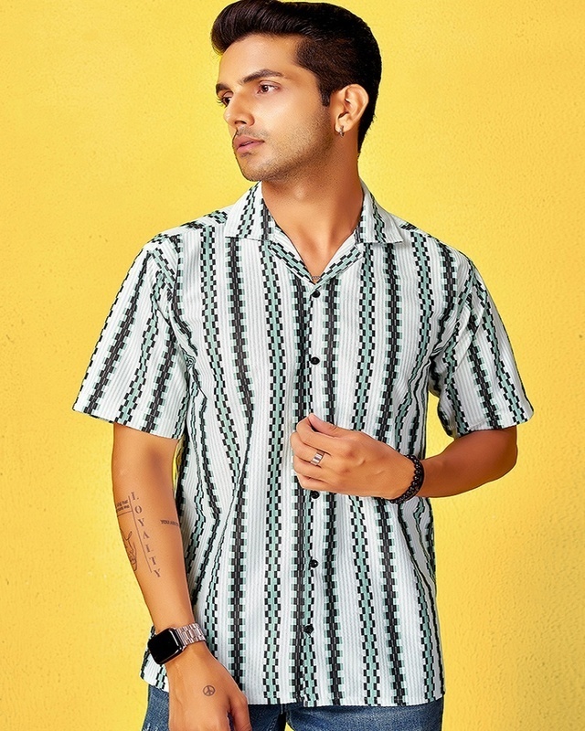 Shop Men's White & Green Striped Relaxed Fit Shirt-Front