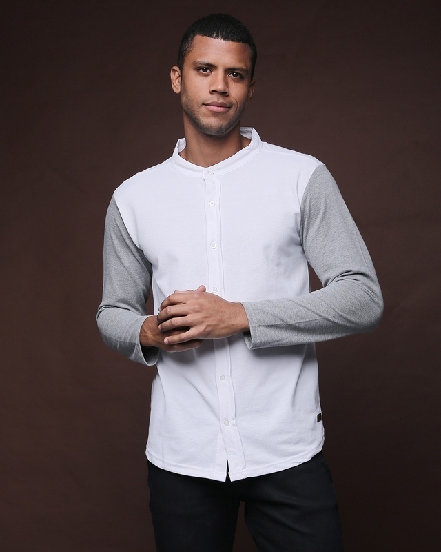 Shop Men's White & Grey Color Block Regular Fit Shirt-Front