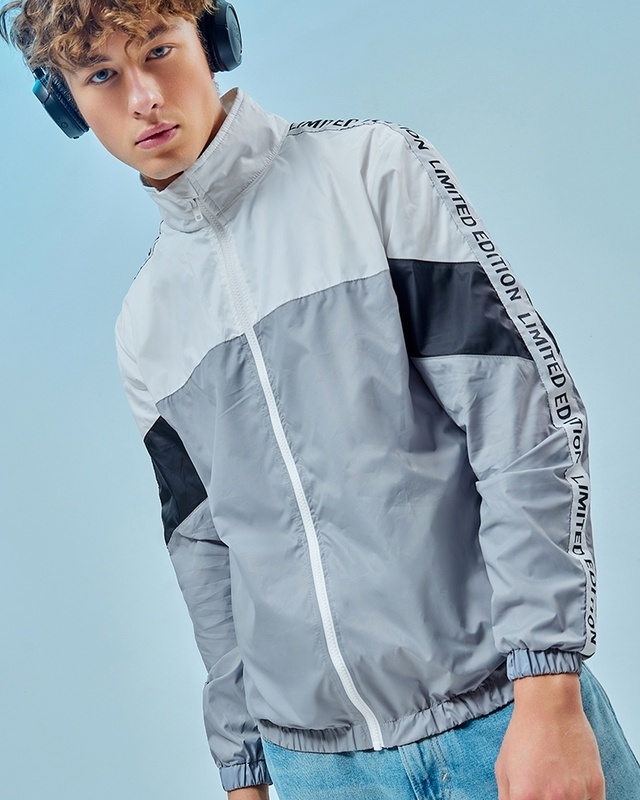 Shop Men's White & Grey Color Block Windcheater Jacket-Front