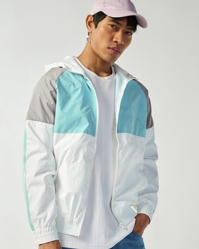 Shop Men's White & Grey Color Block Windcheater Jacket-Front