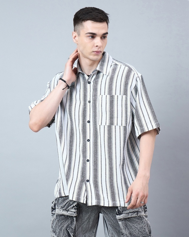 Shop Men's White & Grey Striped Oversized Shirt-Front