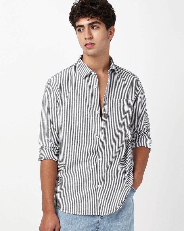 Shop Men's White & Grey Striped Linen Shirt-Front