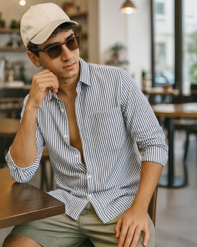 Shop Men's White & Grey Striped Cotton Linen Shirt-Front