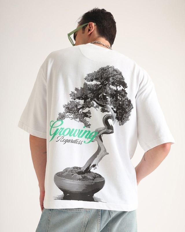 Shop Men's White Growing Regardless Puff Printed Oversized T-shirt-Front