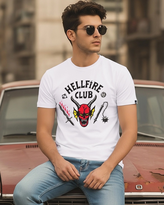 Shop Men's White Hell Fire Club Graphic Printed T-shirt-Front
