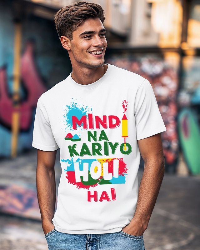 Shop Men's White Holi Hai Graphic Printed T-shirt-Front