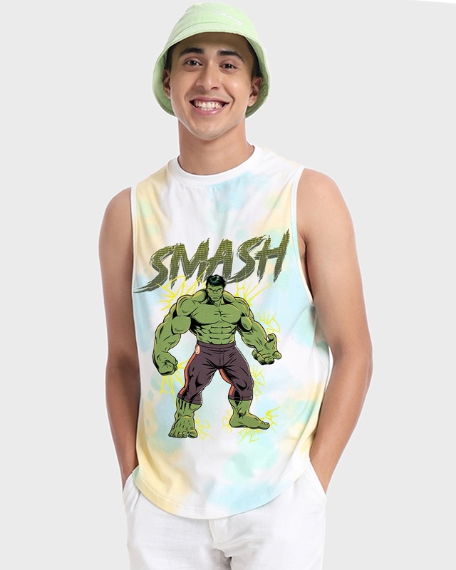 Shop Men's White & Blue Hulk Graphic Printed Tie & Dye Oversized Vest-Front