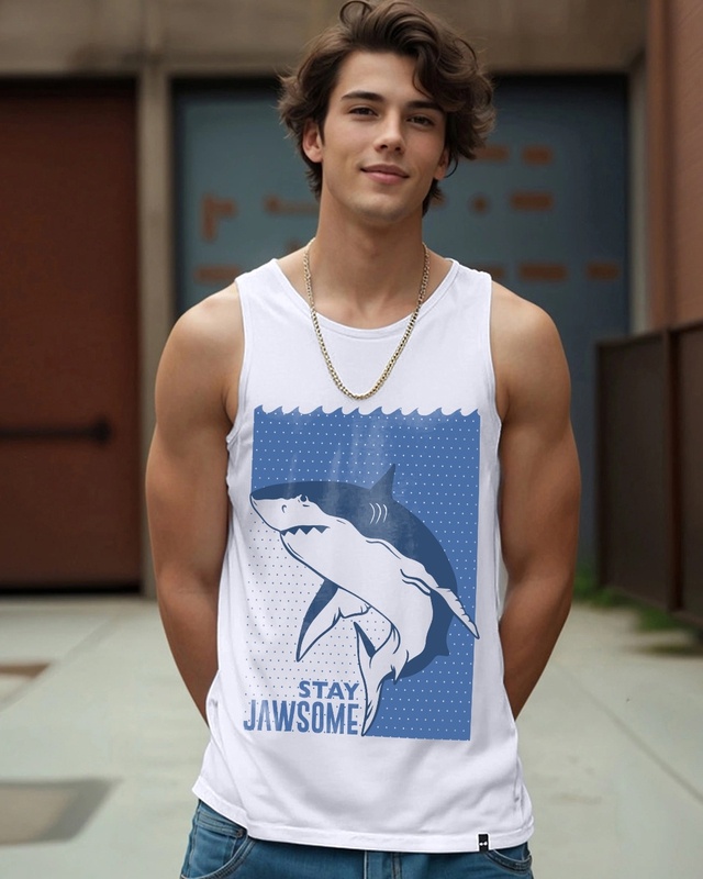 Shop Men's White Jawsome Graphic Printed Vest-Front