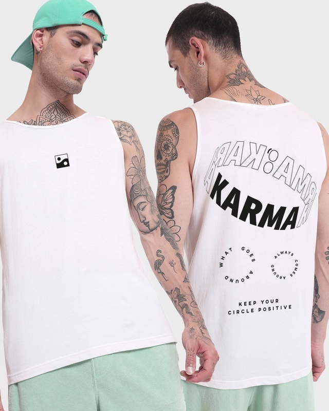 Shop Men's White Karma Circles Typography Vest-Front