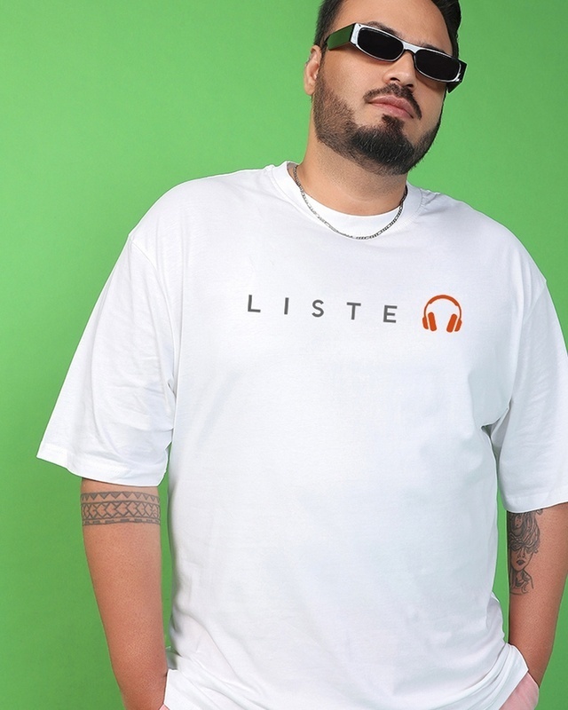 Shop Men's White Keep Listening Graphic Printed Oversized Plus Size T-shirt-Front