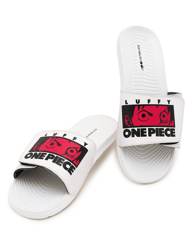 Shop Men's White Luffy Printed Velcro Sliders-Front