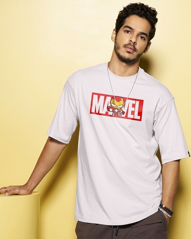 Shop Men's White Marvel Ironman Typography Oversized T-shirt-Front