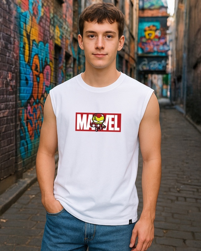 Men's White Marvelous Ironman Graphic Printed Boxy Fit Vest
