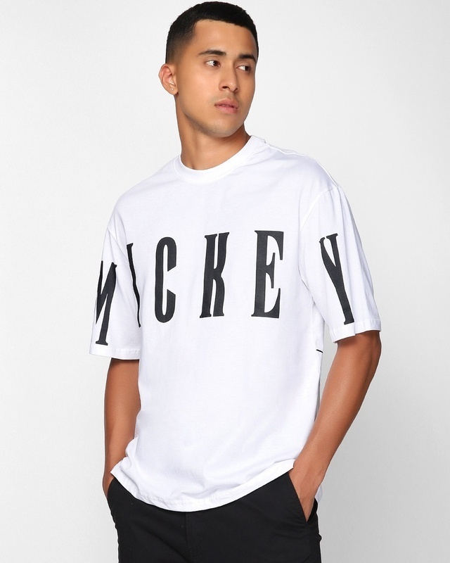 Shop Men's White Mickey Move Graphic Printed Oversized Plus Size T-shirt-Front