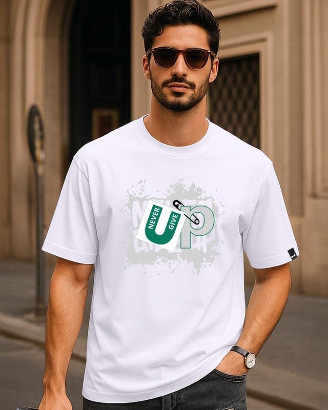 Shop Men's White Never Give Up Typography Oversized T-shirt-Front