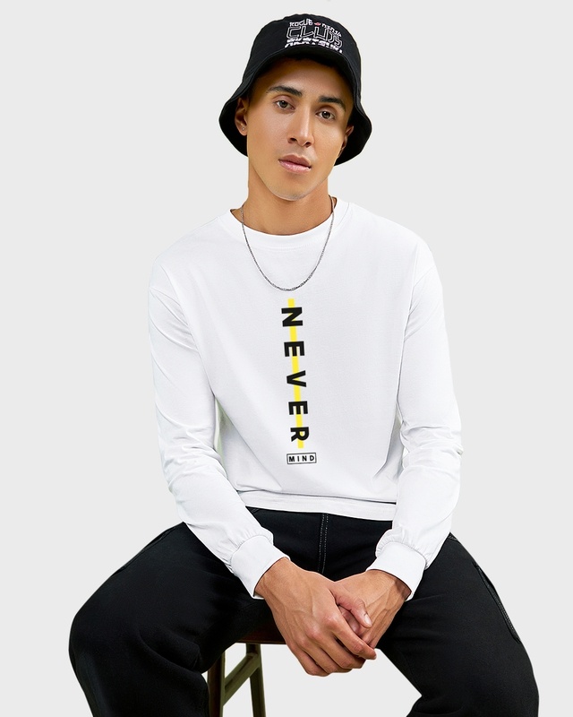 Shop Men's White Never Mind Typography Oversized T-shirt-Front