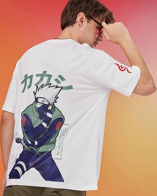 Shop Men's White Ninja Kakashi Graphic Printed Oversized T-shirt-Front