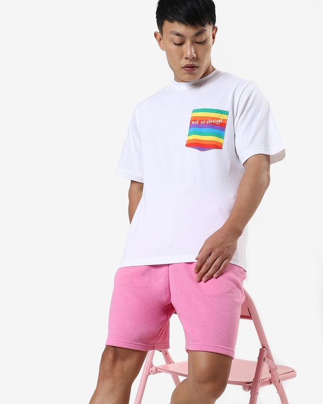 Shop Men's White Not So Straight Multicolor Pocket Typography Oversized Fit T-shirt-Front