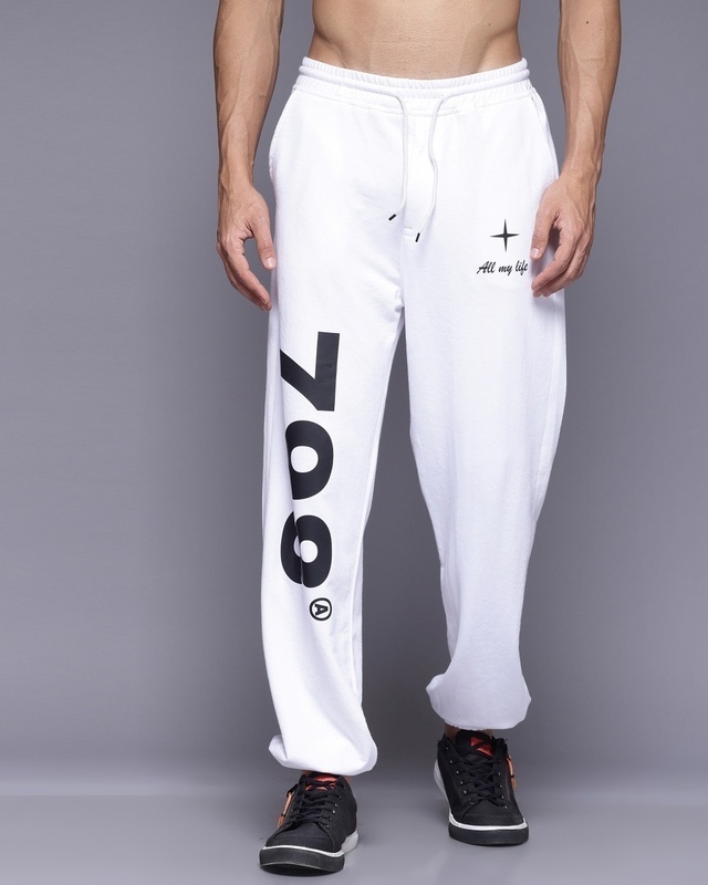 Shop Men's White Numeric Printed Relaxed Fit Joggers-Front