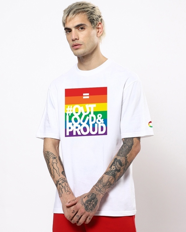 Shop Men's White Out Loud & Proud Graphic Printed Oversized T-shirt-Front