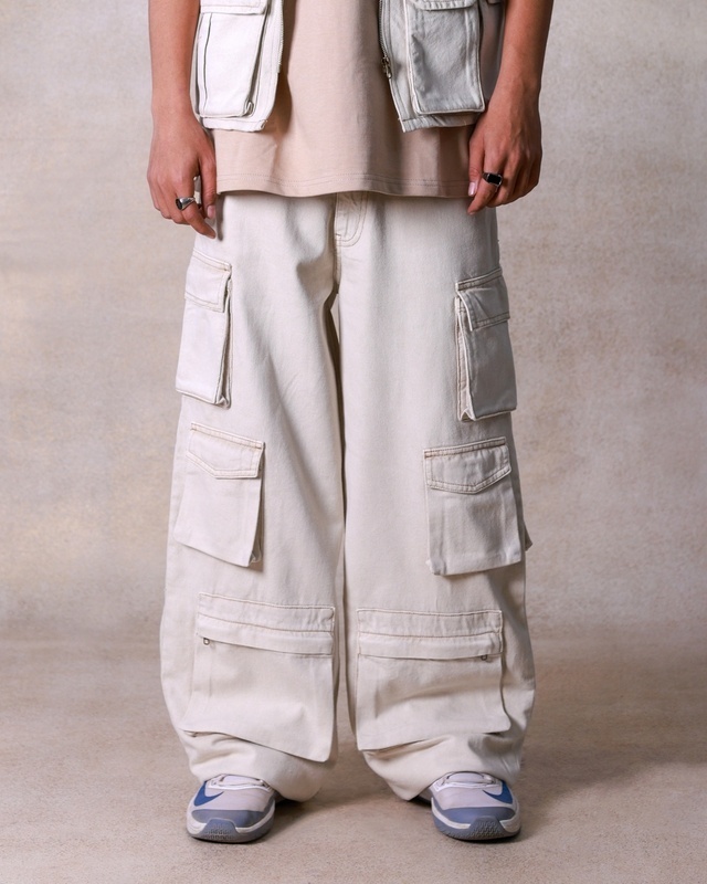 Shop Men's White Baggy Oversized Cargo Jeans-Front