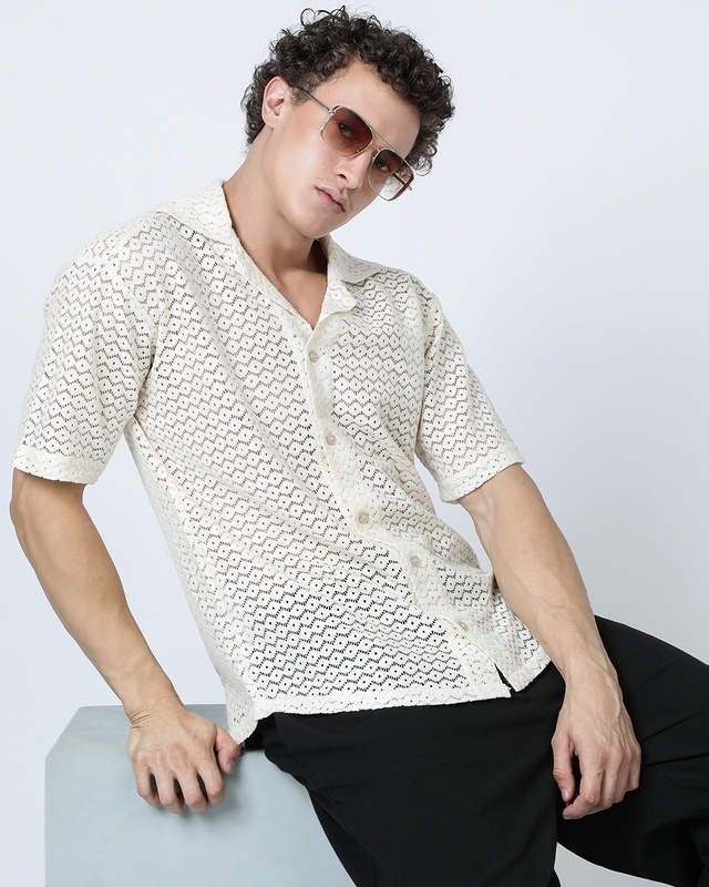 Shop Men's White Oversized Crochet Shirt-Front