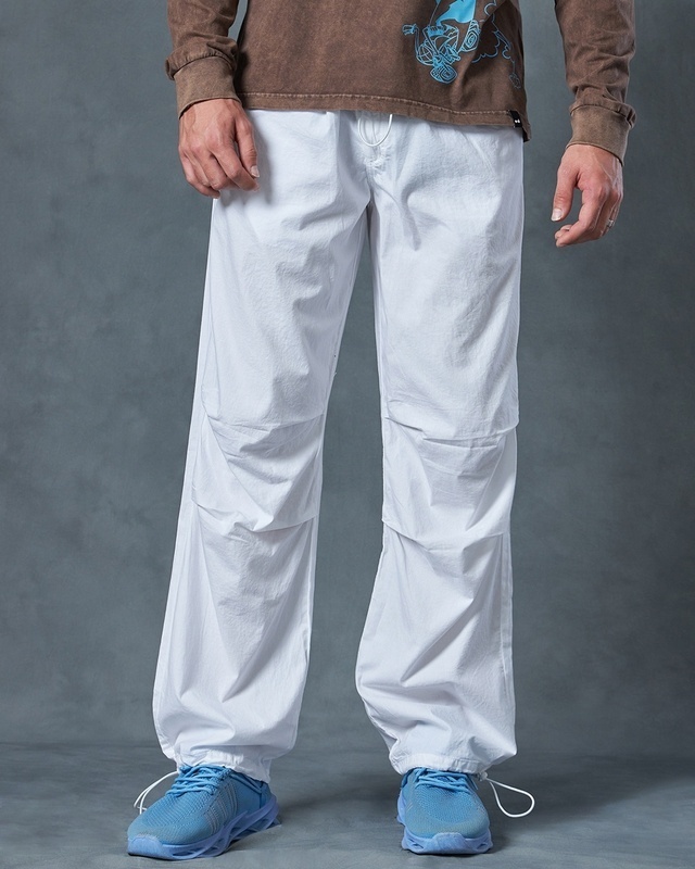Shop Men's White Oversized Parachute Pants-Front