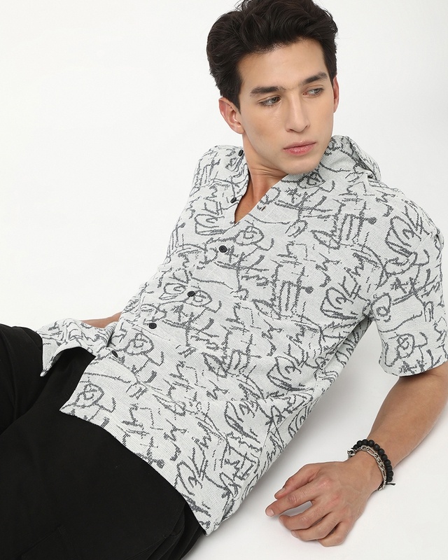 Shop Men's Light Grey All Over Printed Oversized Shirt-Front