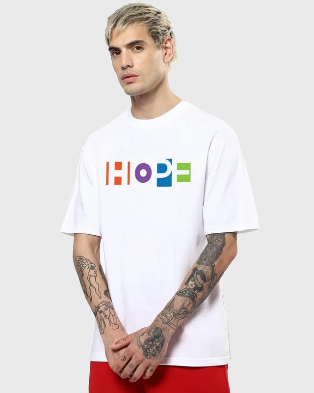 Shop Men's White Pop Hope Typography Oversized T-shirt-Front