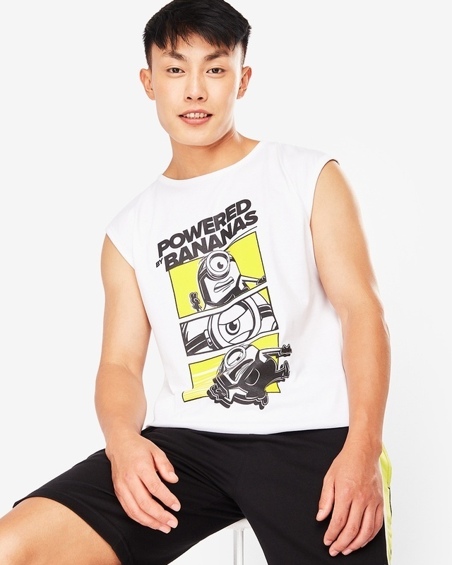 Shop Men's White Powered By Bananas Graphic Printed Oversized Fit Vest-Front