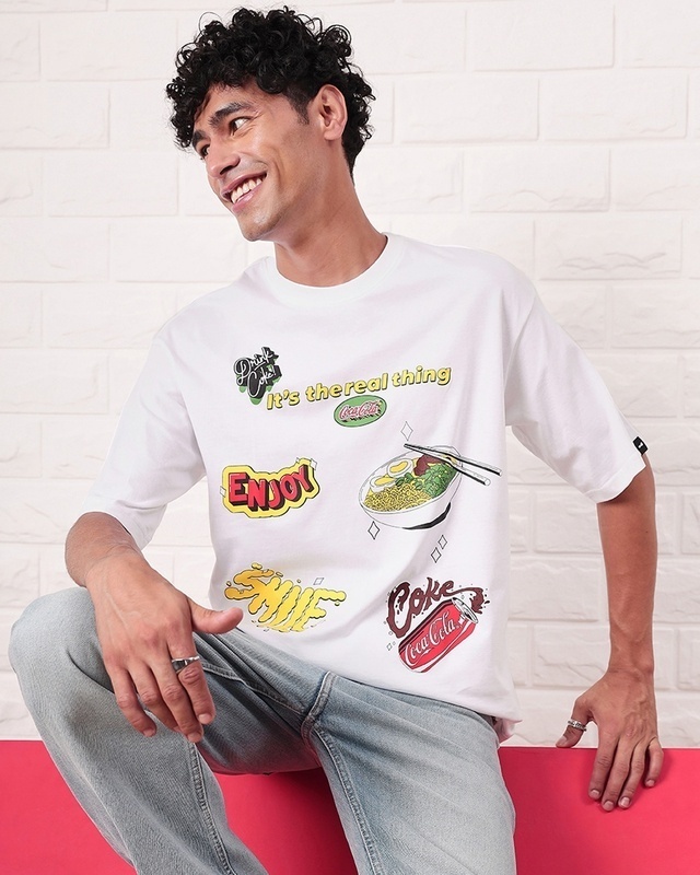 Shop Men's White Real Thing Coke Graphic Printed Oversized T-shirt-Front