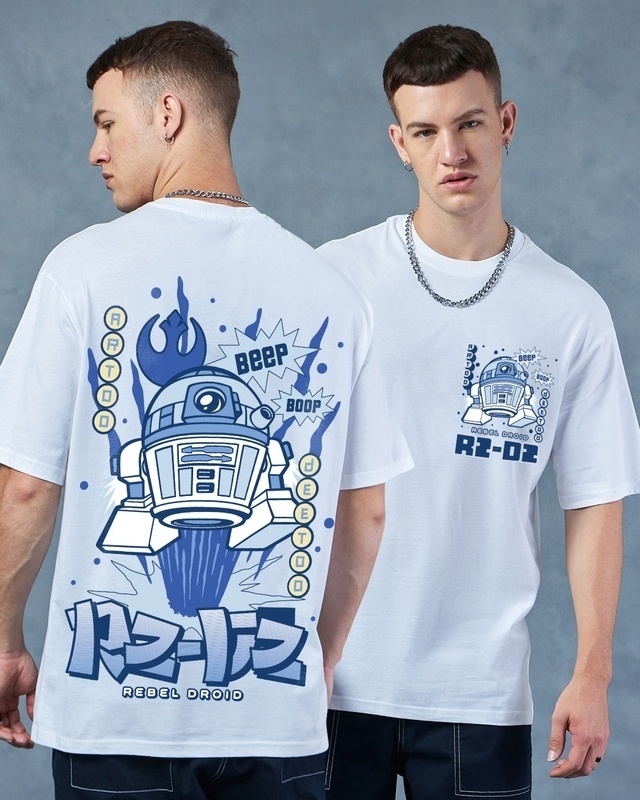 Shop Men's White Rebel Droid Graphic Printed Oversized T-shirt-Front