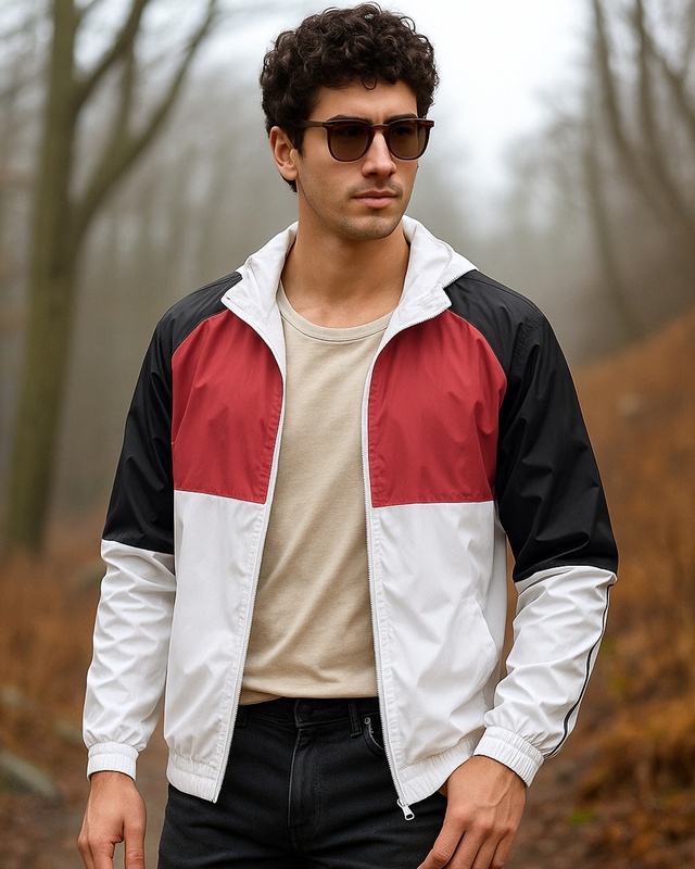 Shop Men's White & Red Color Block Hooded Windcheater Jacket-Front